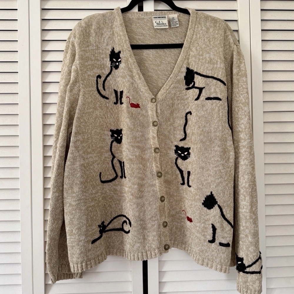 Vintage‎ CJ Banks Women’s 2X Cat Mouse Hand Embroidered Cardigan Sweater Y2K